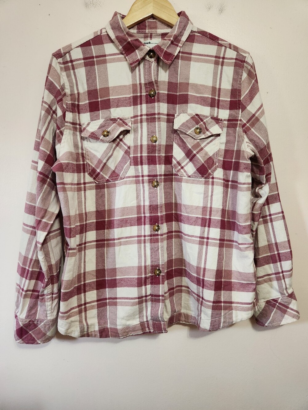 Frank And Oak Burgundy Cream Plaid Organic Cotton Flannel Shacket Shirt XL